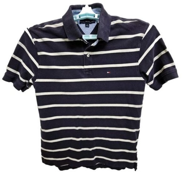 Tommy Hilfiger Polo Shirt Men's M White Navy Blue Stripes Cotton - Picture 1 of 8